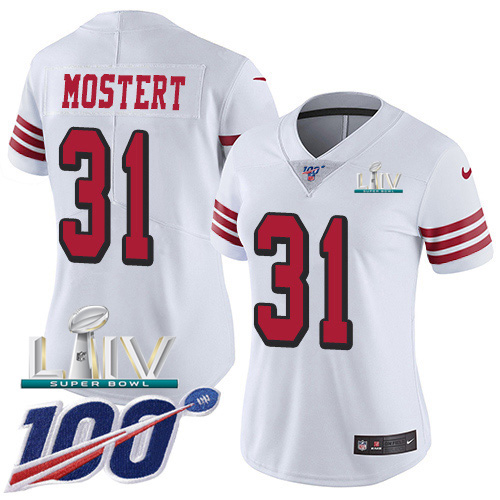 San Francisco 49ers Nike #31 Raheem Mostert White Super Bowl LIV 2020 Women Stitched NFL Limited Rush 100th Season Jersey